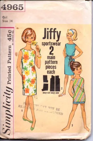 Simplicity 4965 Vintage 1960's Sewing Pattern Girls Sleeveless Beach Dress Top Shorts Jiffy