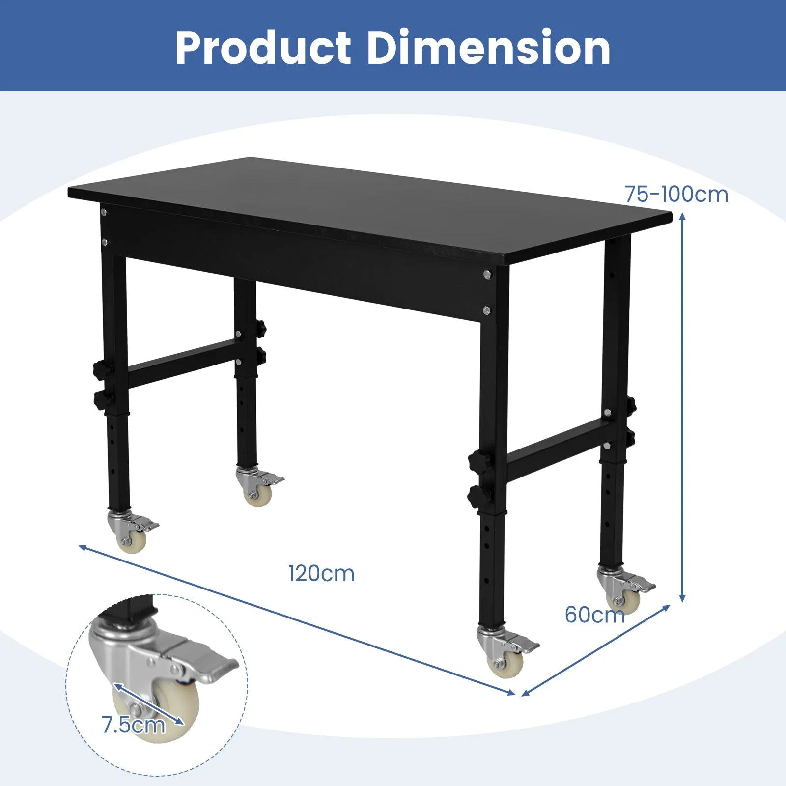 10 Level Height Adjustable Workbench with 4 Lockable Casters-Black