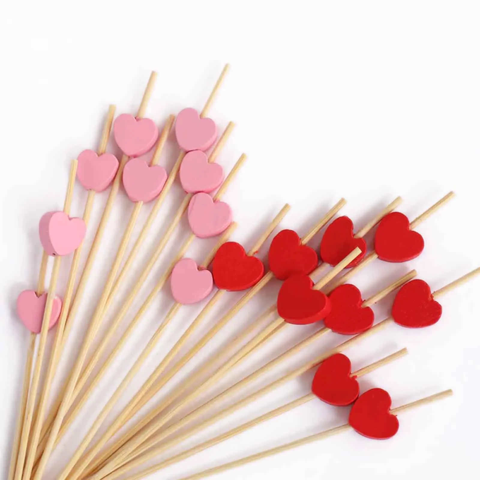 100 Pack Red Pink Biodegradable Bamboo Heart Skewers Cocktail Sticks, Eco Friendly Fruit Appetizer Party Picks - 5"