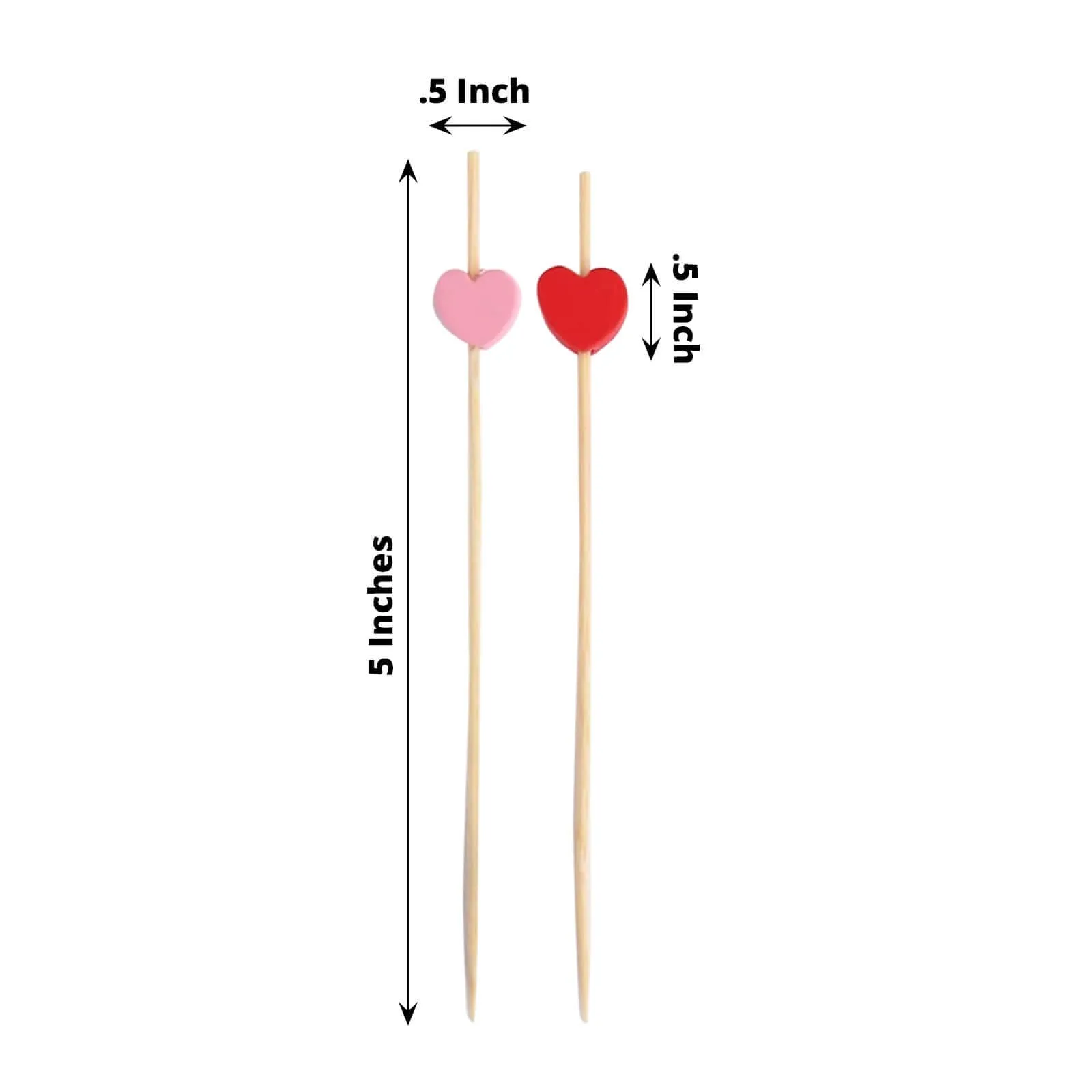 100 Pack Red Pink Biodegradable Bamboo Heart Skewers Cocktail Sticks, Eco Friendly Fruit Appetizer Party Picks - 5"