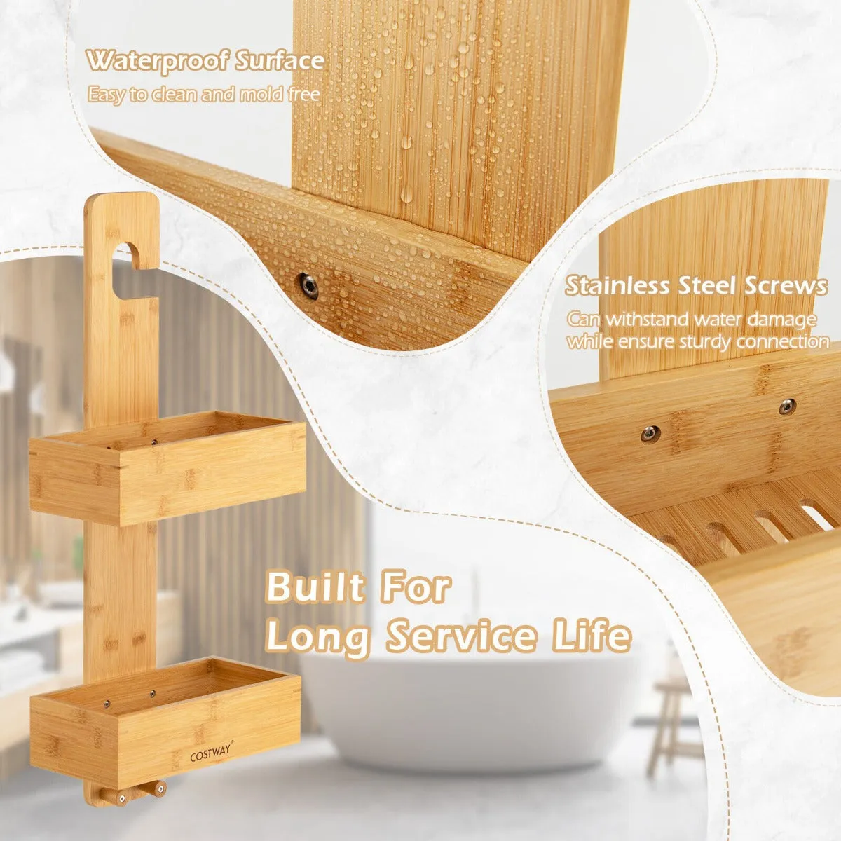 2-Tier Waterproof Bamboo Hanging Shower Caddy with 2 Hooks for bathroom-Natural