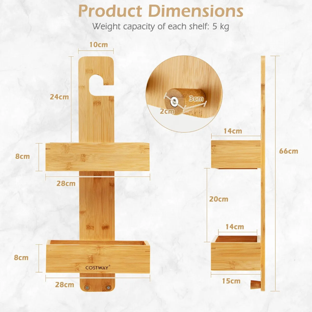 2-Tier Waterproof Bamboo Hanging Shower Caddy with 2 Hooks for bathroom-Natural