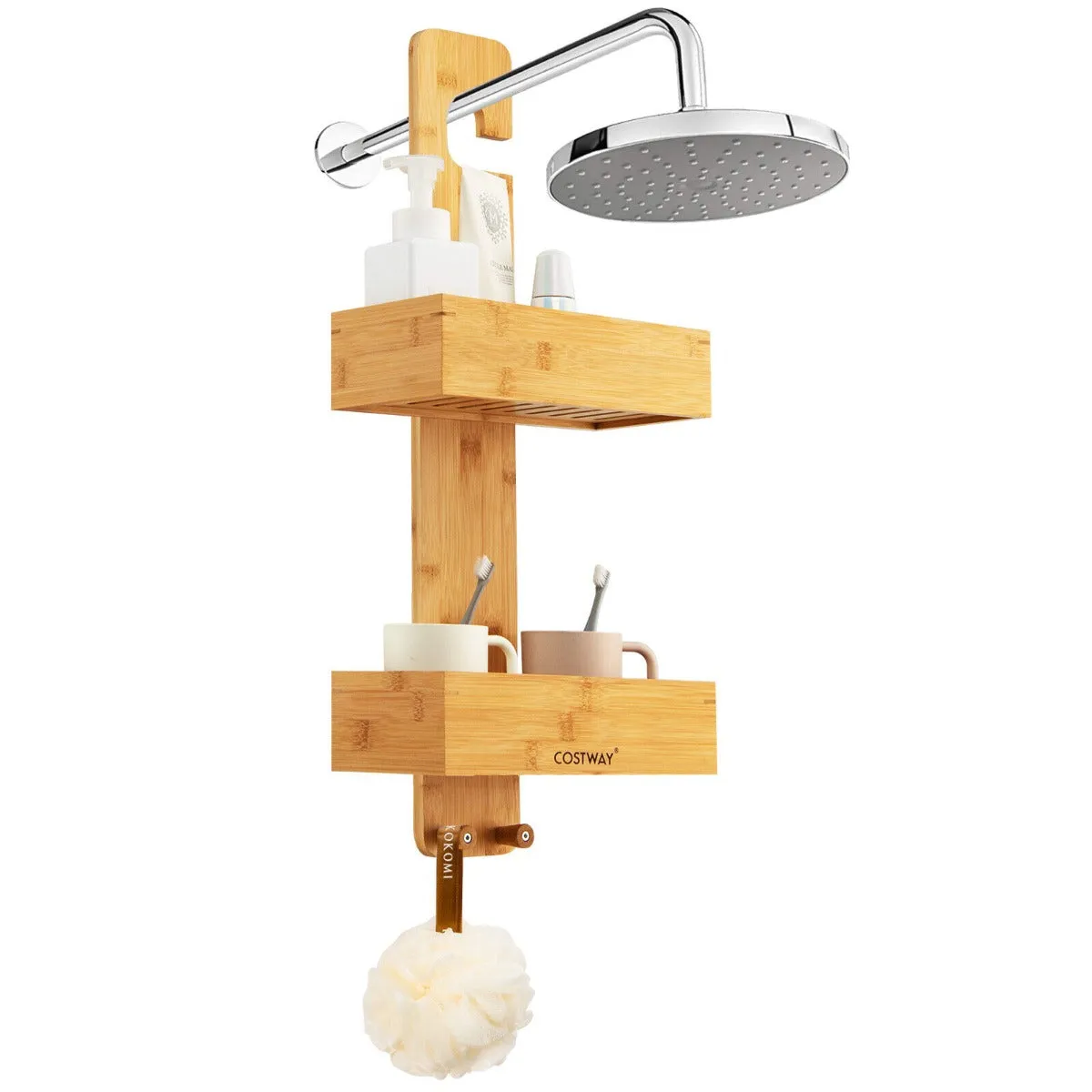 2-Tier Waterproof Bamboo Hanging Shower Caddy with 2 Hooks for bathroom-Natural