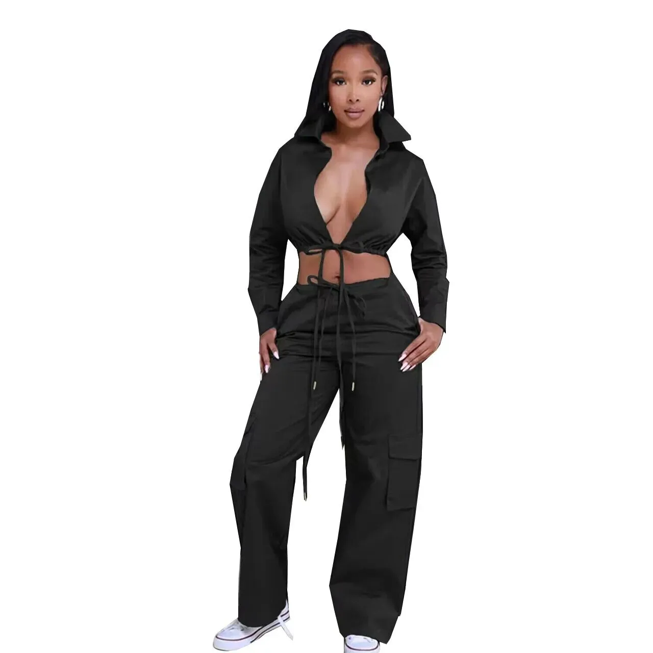 2 Woman Piece Set Solid Long Sleeve Back Cut Out Crop Shirts Wide Leg Cargo Pants with Pockets