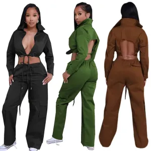 2 Woman Piece Set Solid Long Sleeve Back Cut Out Crop Shirts Wide Leg Cargo Pants with Pockets