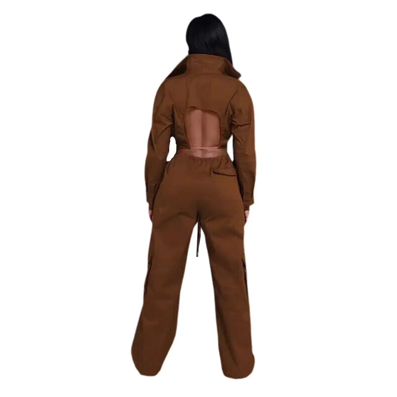 2 Woman Piece Set Solid Long Sleeve Back Cut Out Crop Shirts Wide Leg Cargo Pants with Pockets