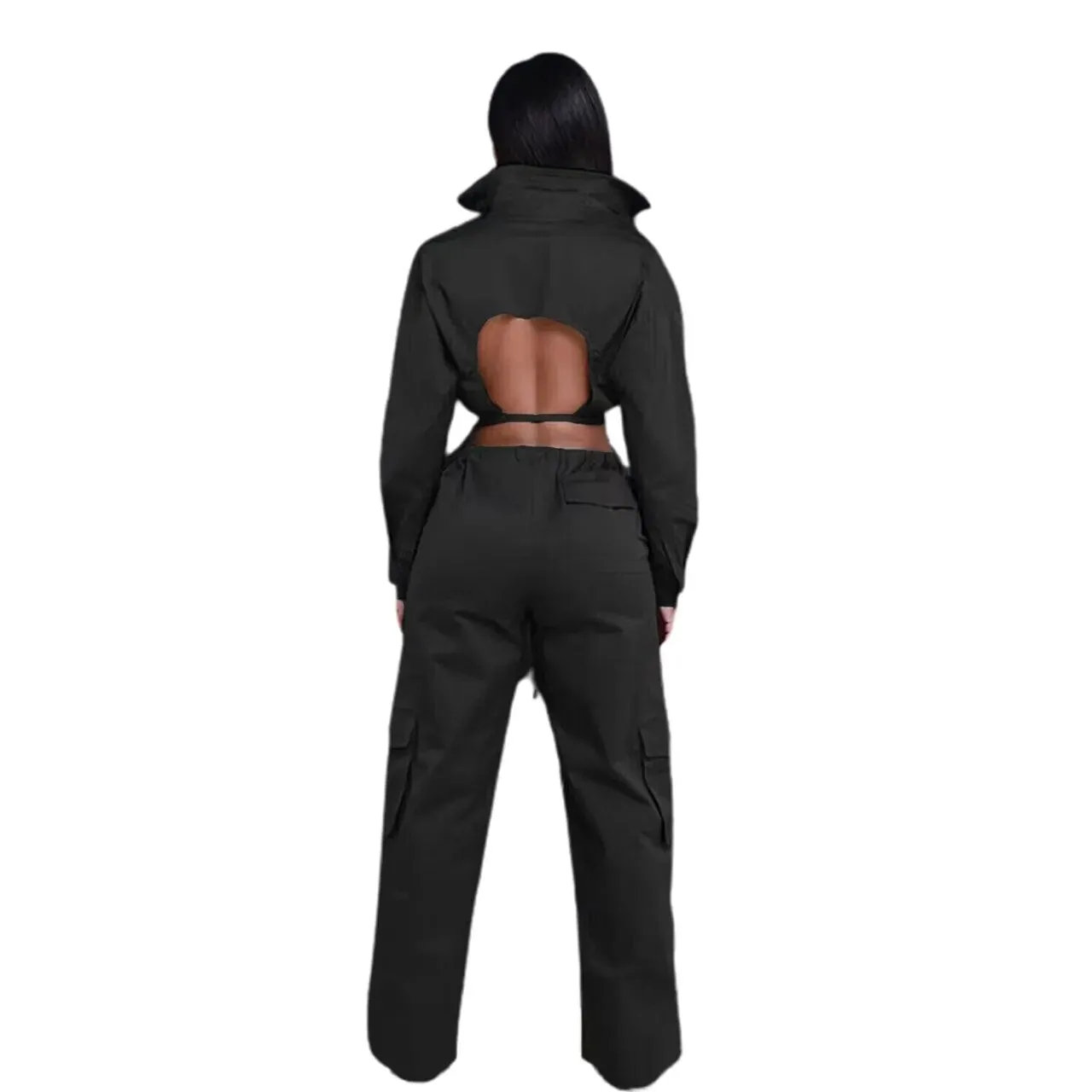 2 Woman Piece Set Solid Long Sleeve Back Cut Out Crop Shirts Wide Leg Cargo Pants with Pockets