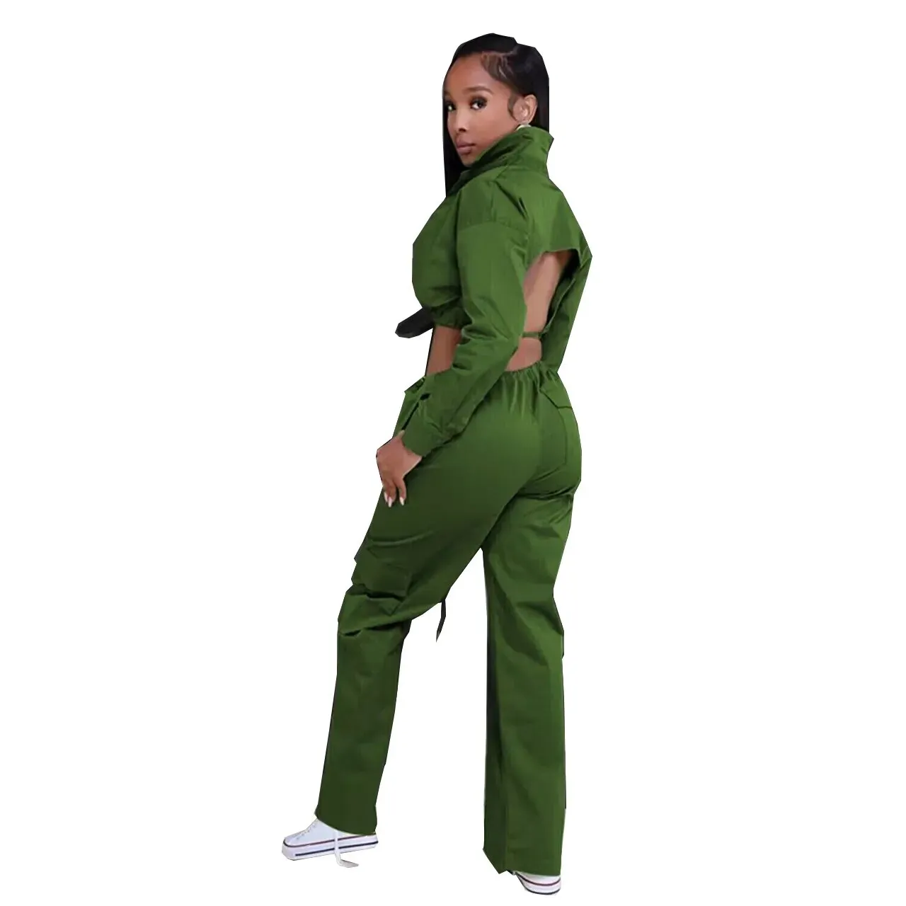 2 Woman Piece Set Solid Long Sleeve Back Cut Out Crop Shirts Wide Leg Cargo Pants with Pockets