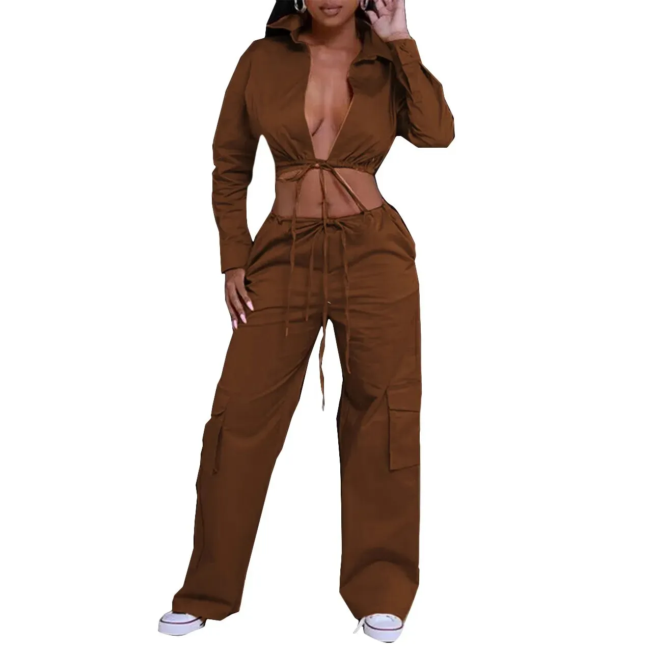 2 Woman Piece Set Solid Long Sleeve Back Cut Out Crop Shirts Wide Leg Cargo Pants with Pockets