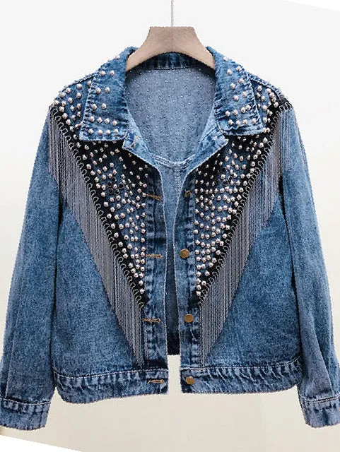 2022 Western Denim Jacket Women Hand-studded Rivet Tassel Chain Cowgirl Jacket