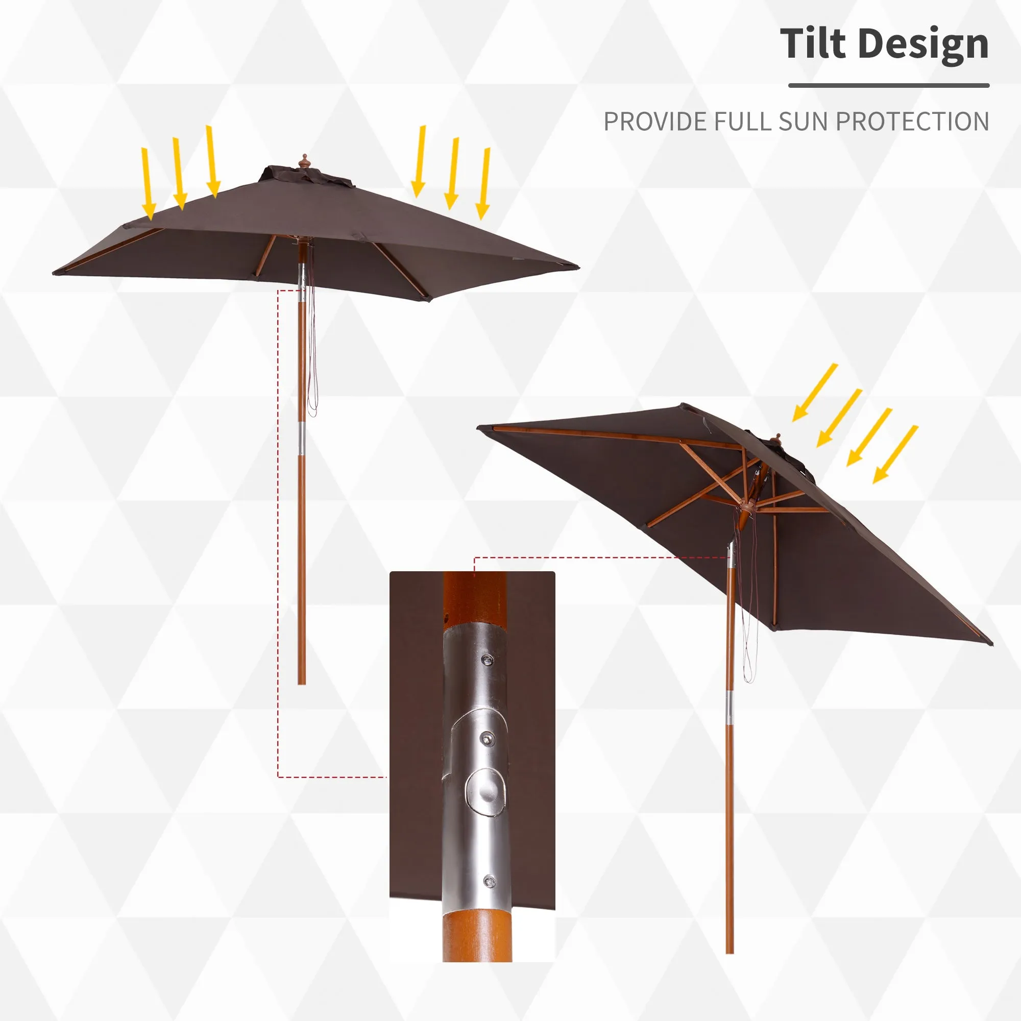 2m x 1.5m Patio Parasol Garden Umbrellas Sun Umbrella Bamboo Sunshade Canopy Outdoor Backyard Furniture Fir Wooden Pole 6 Ribs Tilt Mechanism