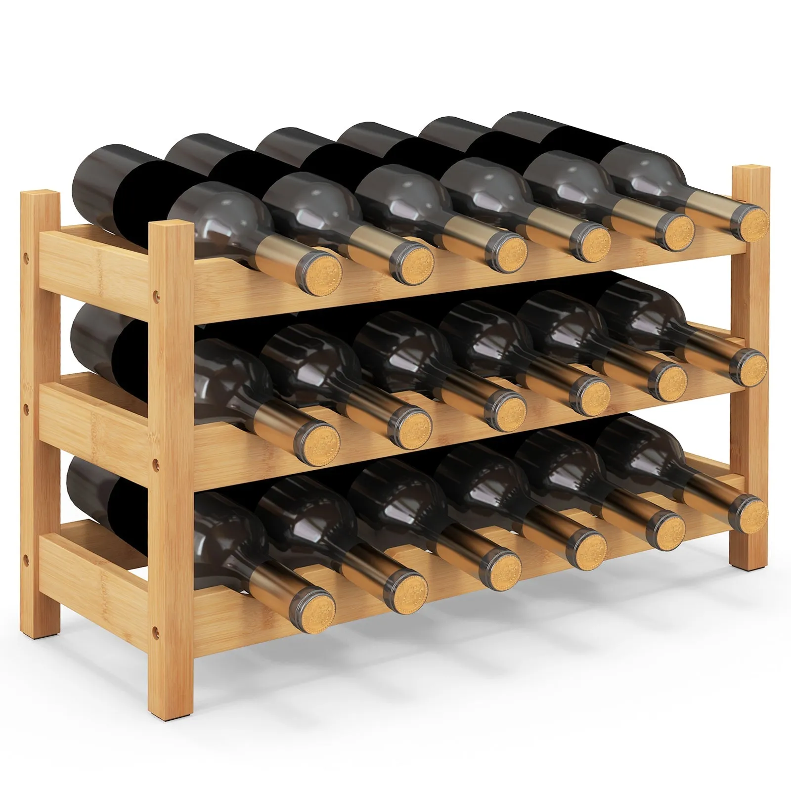 3-Tier Bamboo Wine Rack with Wave Slot for Kitchen-Natural