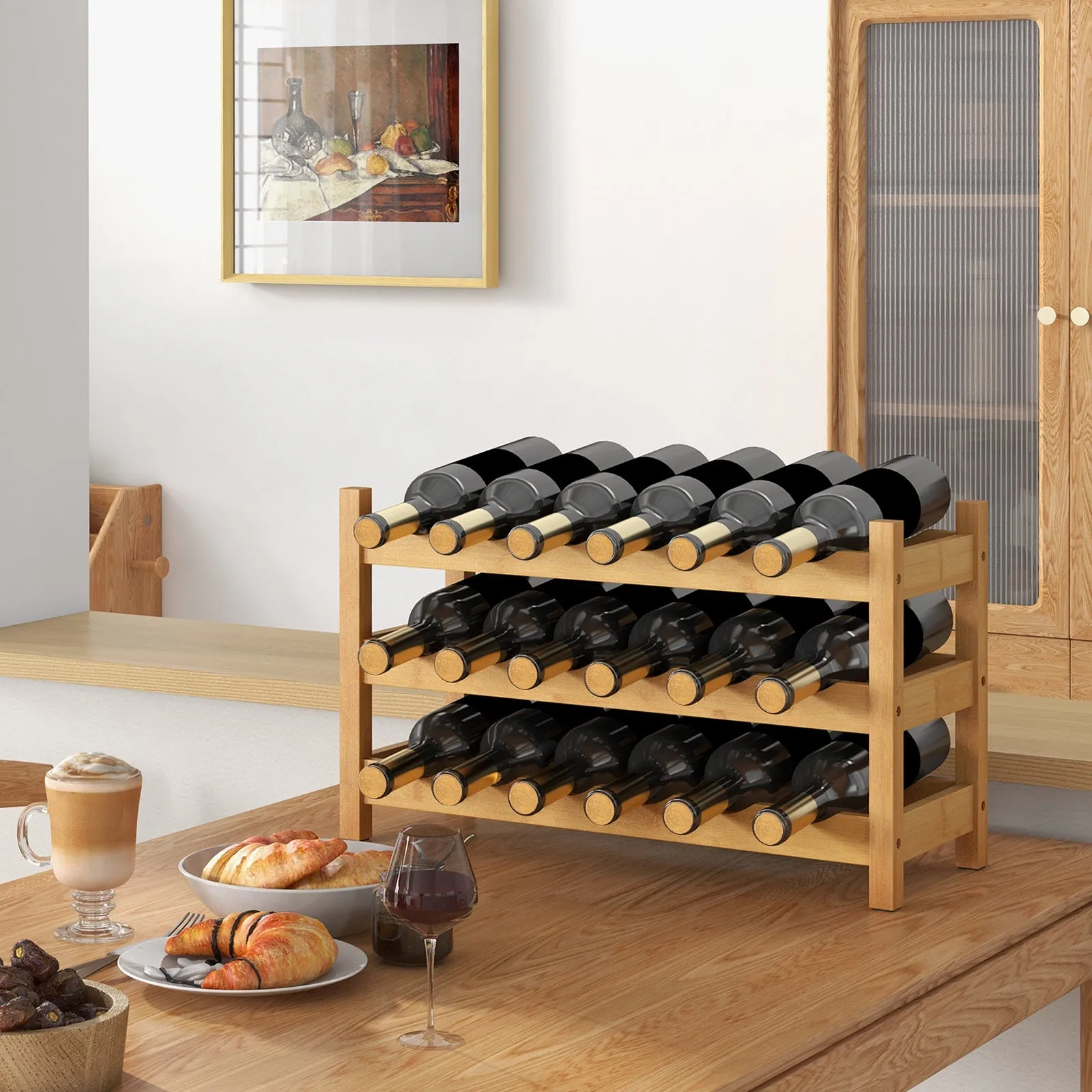 3-Tier Bamboo Wine Rack with Wave Slot for Kitchen-Natural