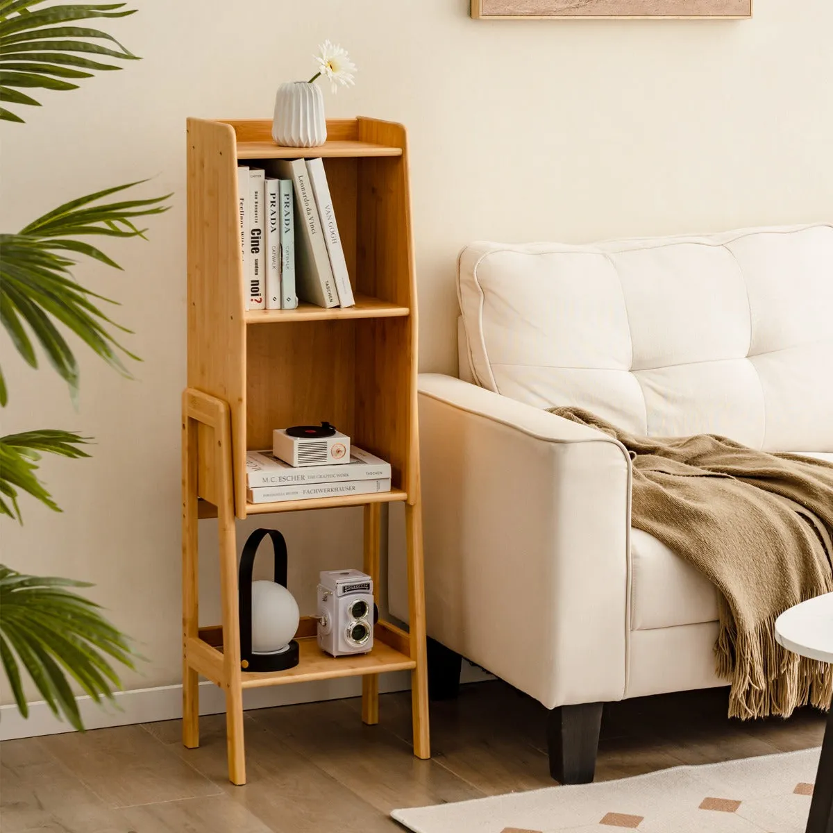 4 Tier Free Standing Tall Bamboo Bookshelf with Legs