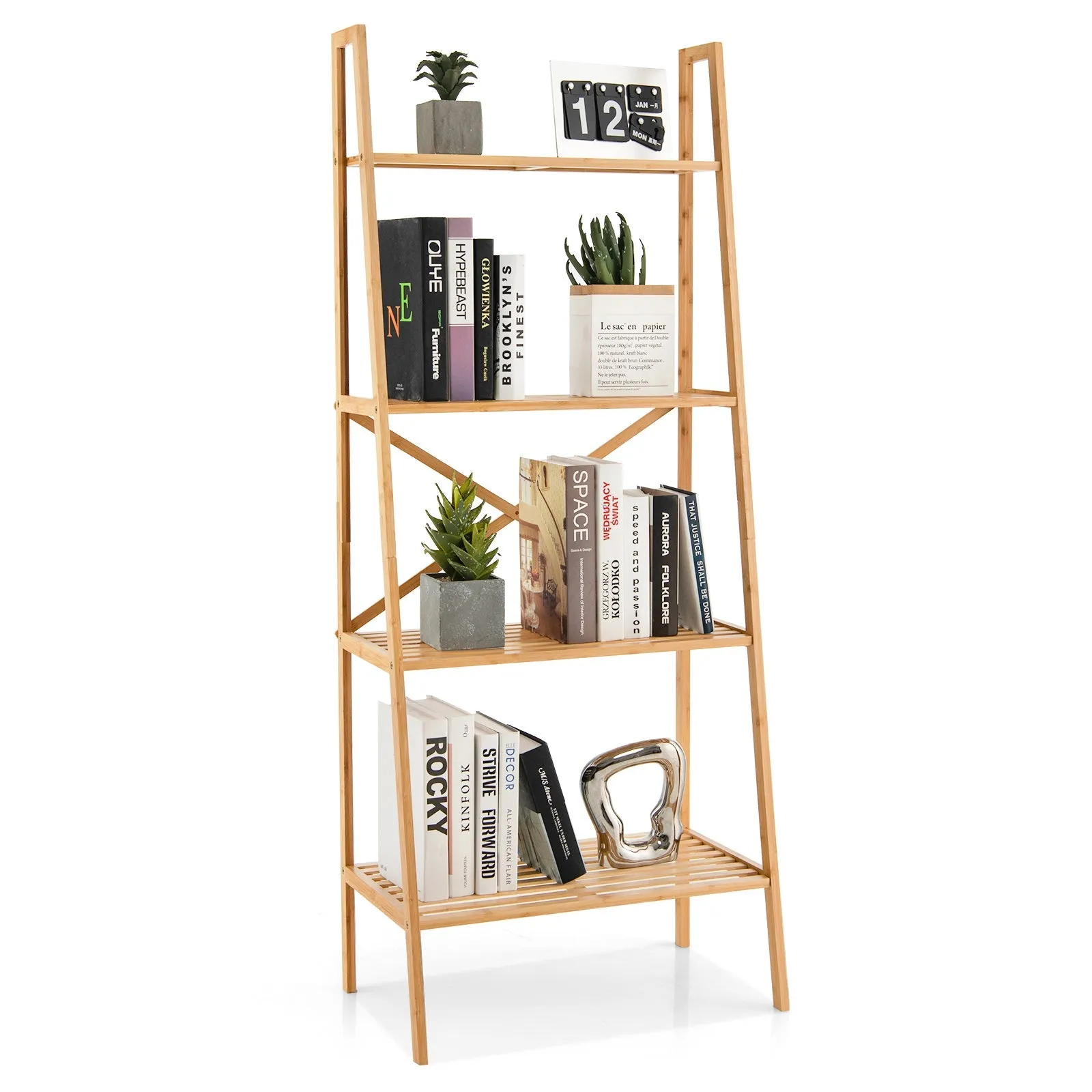 4-Tier Freestanding Bookcase with Anti-Toppling Device for Living Room-Natural