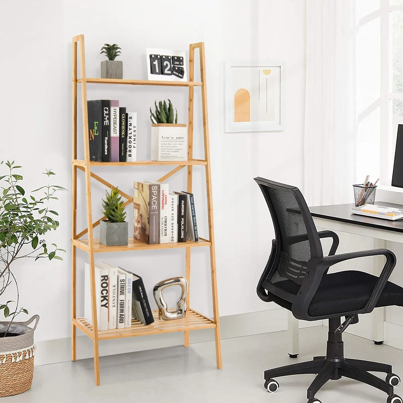 4-Tier Freestanding Bookcase with Anti-Toppling Device for Living Room-Natural