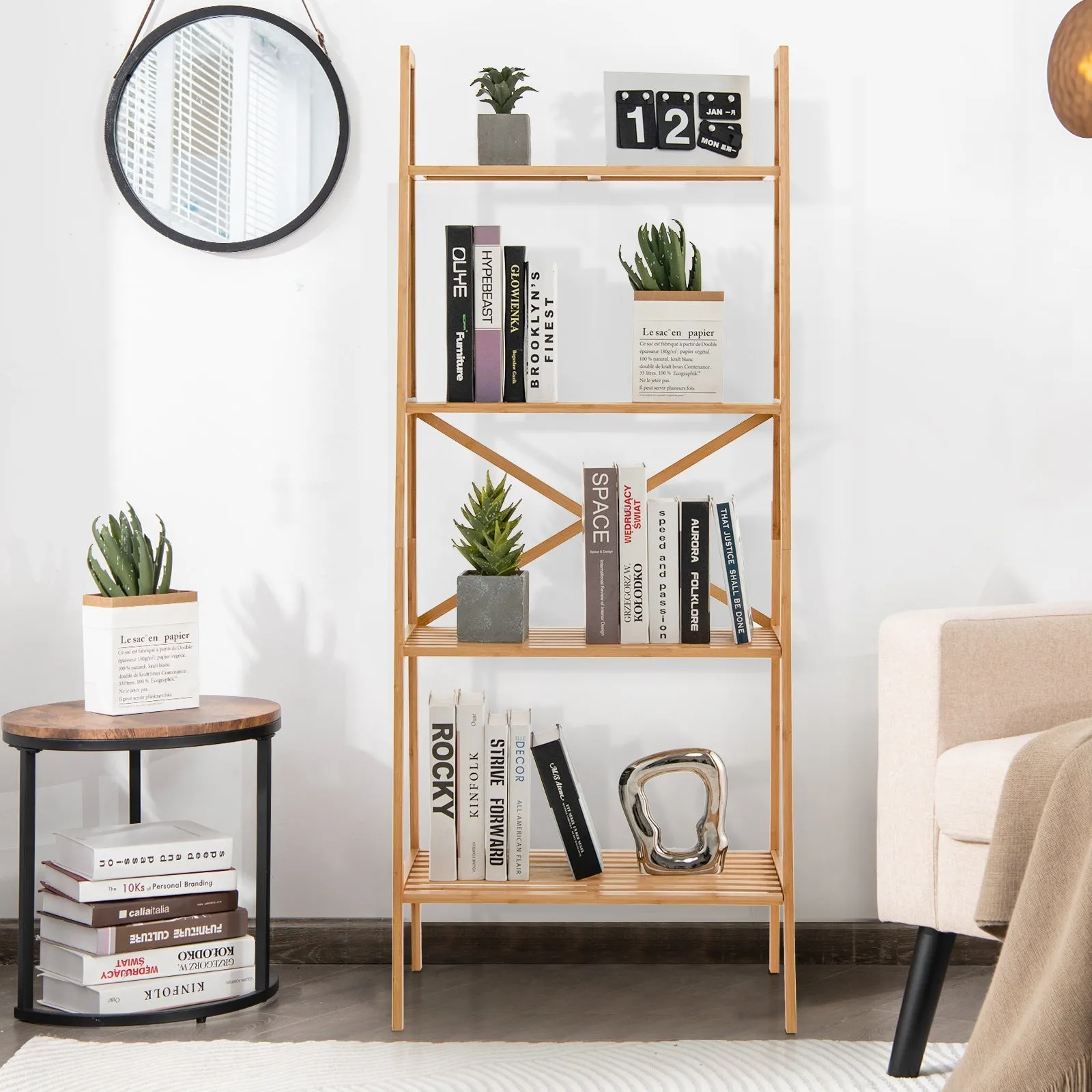 4-Tier Freestanding Bookcase with Anti-Toppling Device for Living Room-Natural