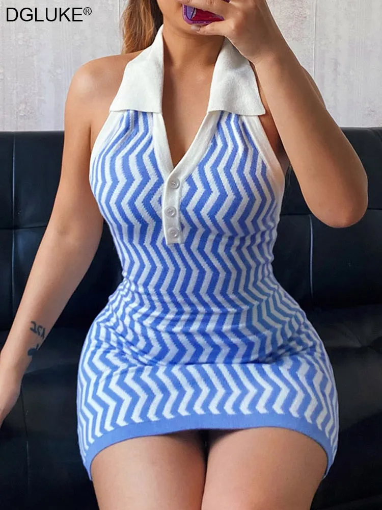 Amozae--hoco dresses  Blue Knitted Bodycon Dress Women Summer   Halter Backless Mini Dress Vintage Striped   Short Dress Beach Club Wear