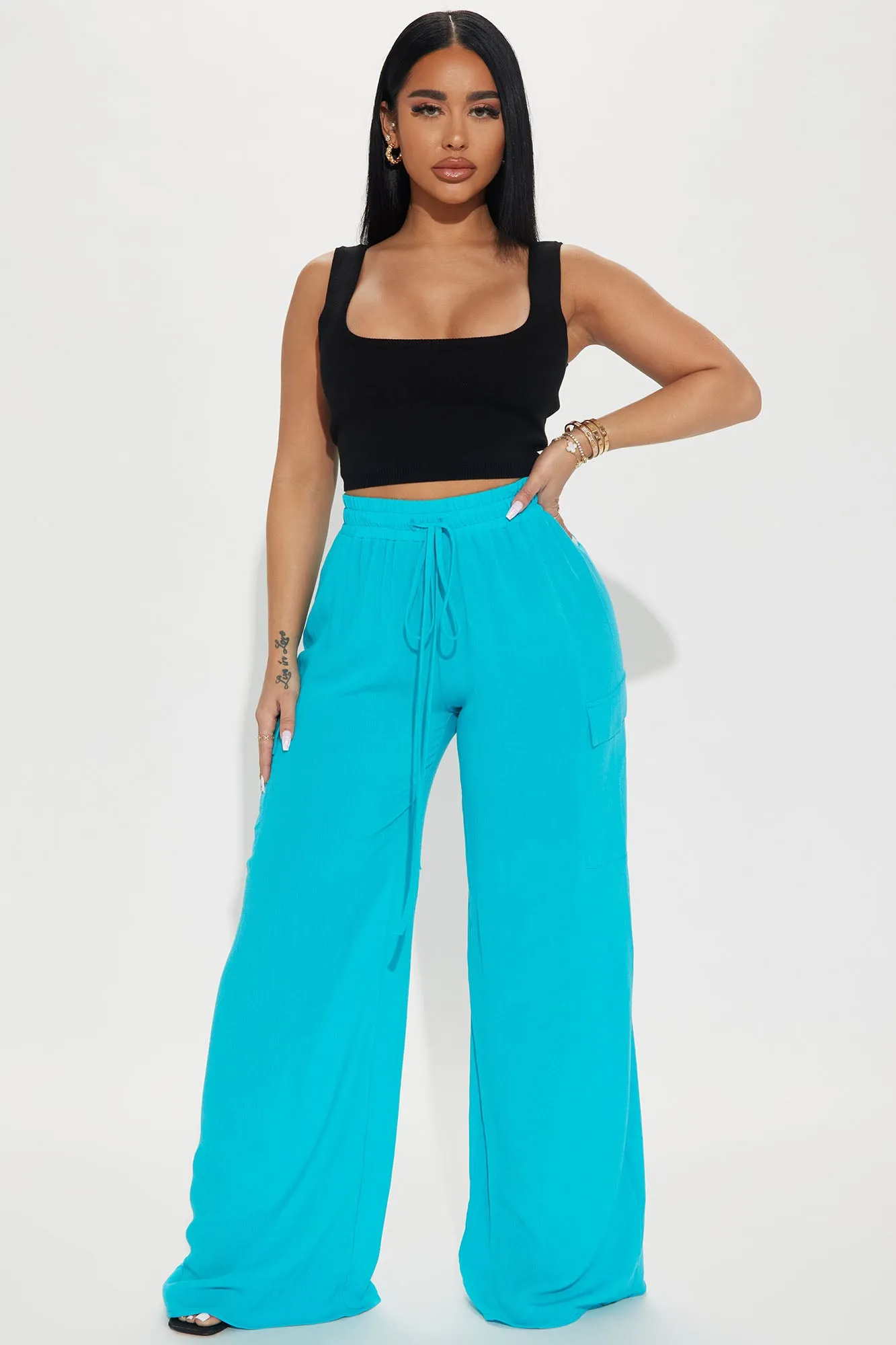 Anissa Gauze Wide Leg Cargo Pant - Turquoise