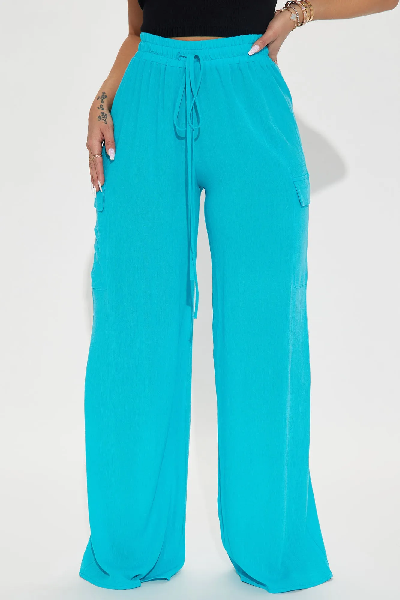 Anissa Gauze Wide Leg Cargo Pant - Turquoise