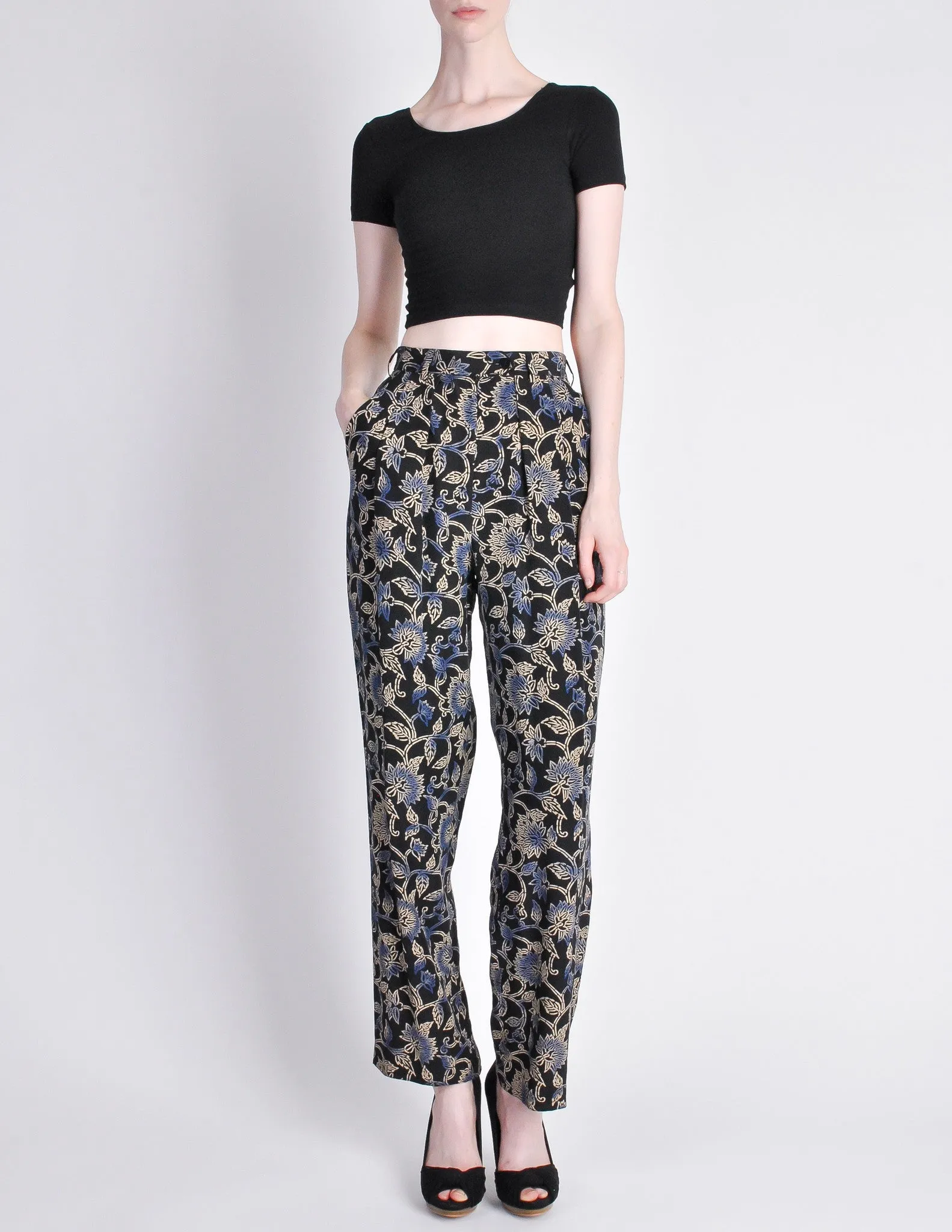 Armani Vintage Black Silk Floral High Waist Pants