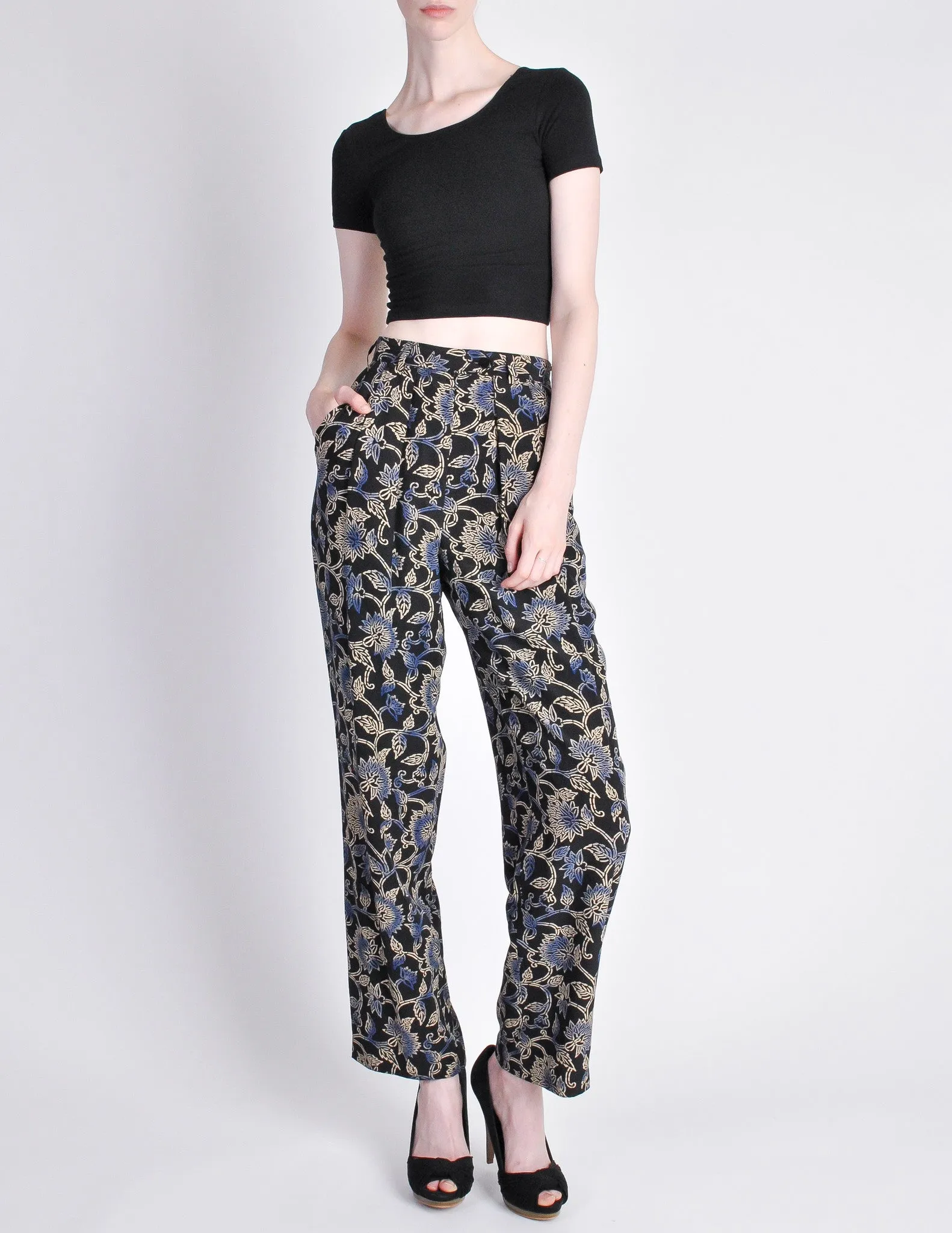 Armani Vintage Black Silk Floral High Waist Pants