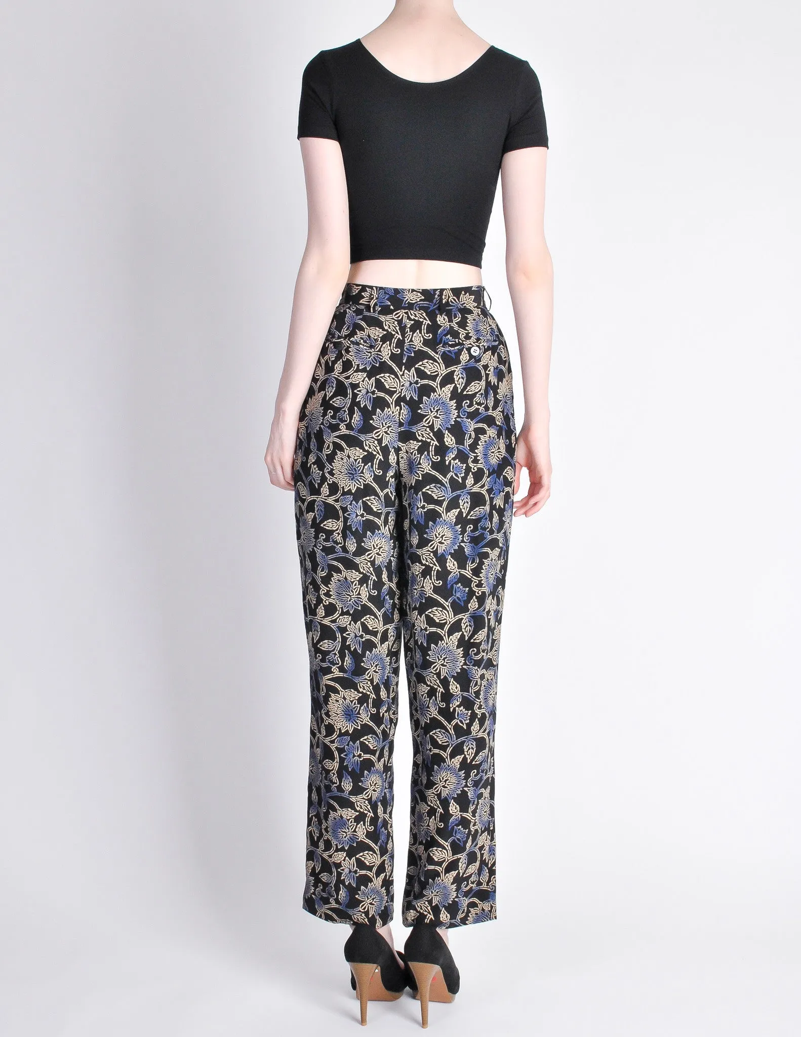 Armani Vintage Black Silk Floral High Waist Pants