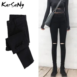 Back To School Skinny Ripped Jeans For Women 2022 Stretch High Waist Black Jeans With Holes Destroyed Women Denim Pants With Holes Summer Jean