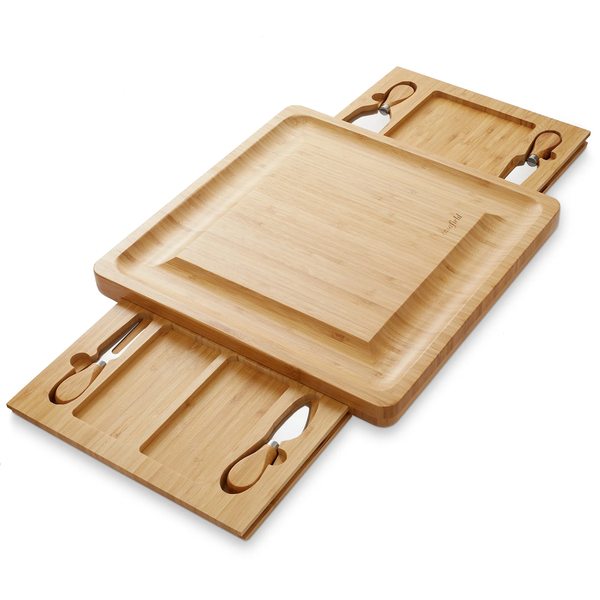 Bamboo Cheese Board Gift Set with 2 Trays and 4 Knives