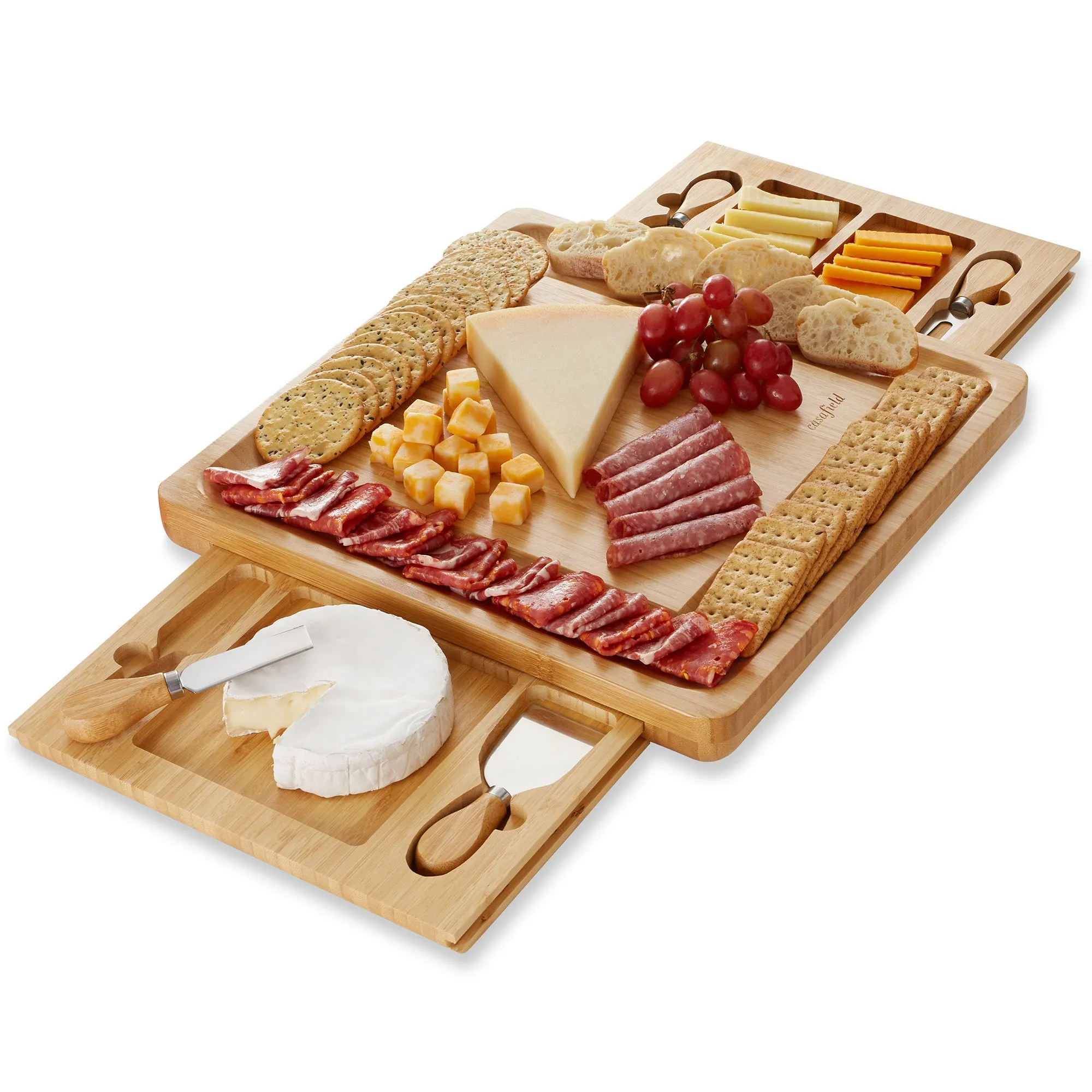 Bamboo Cheese Board Gift Set with 2 Trays and 4 Knives