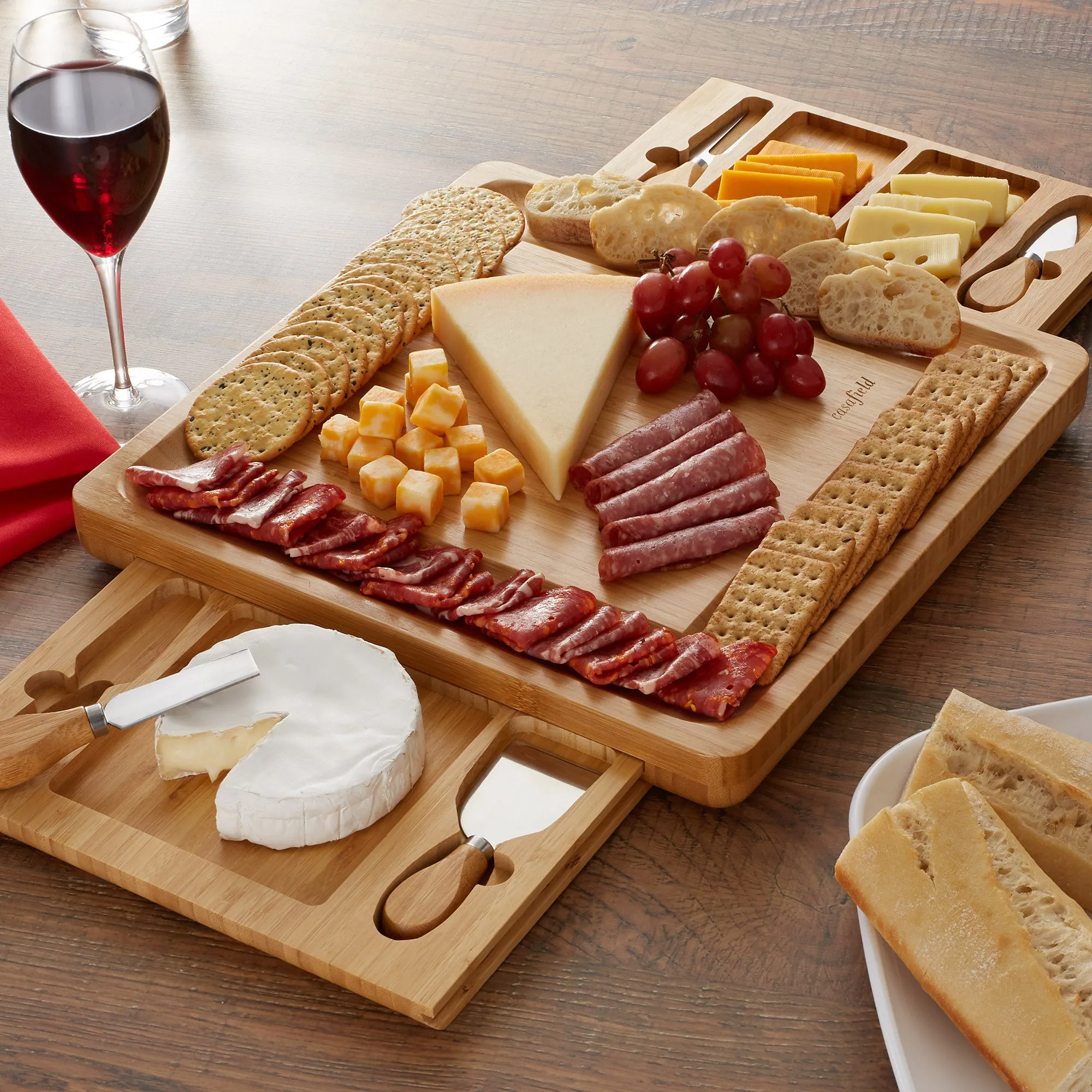 Bamboo Cheese Board Gift Set with 2 Trays and 4 Knives