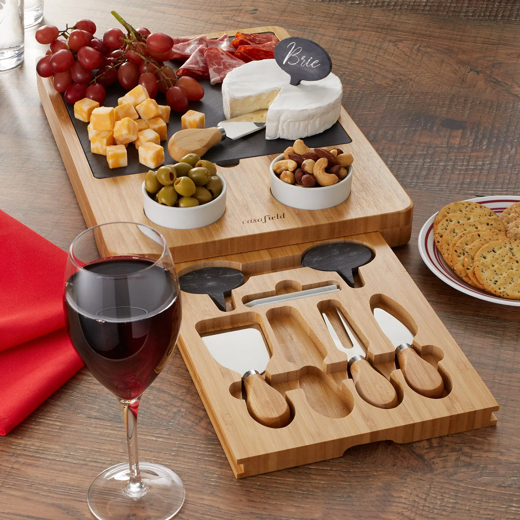 Bamboo Cheese Board Gift Set with Slate Tray, 4 Knives, 2 Dip Bowls