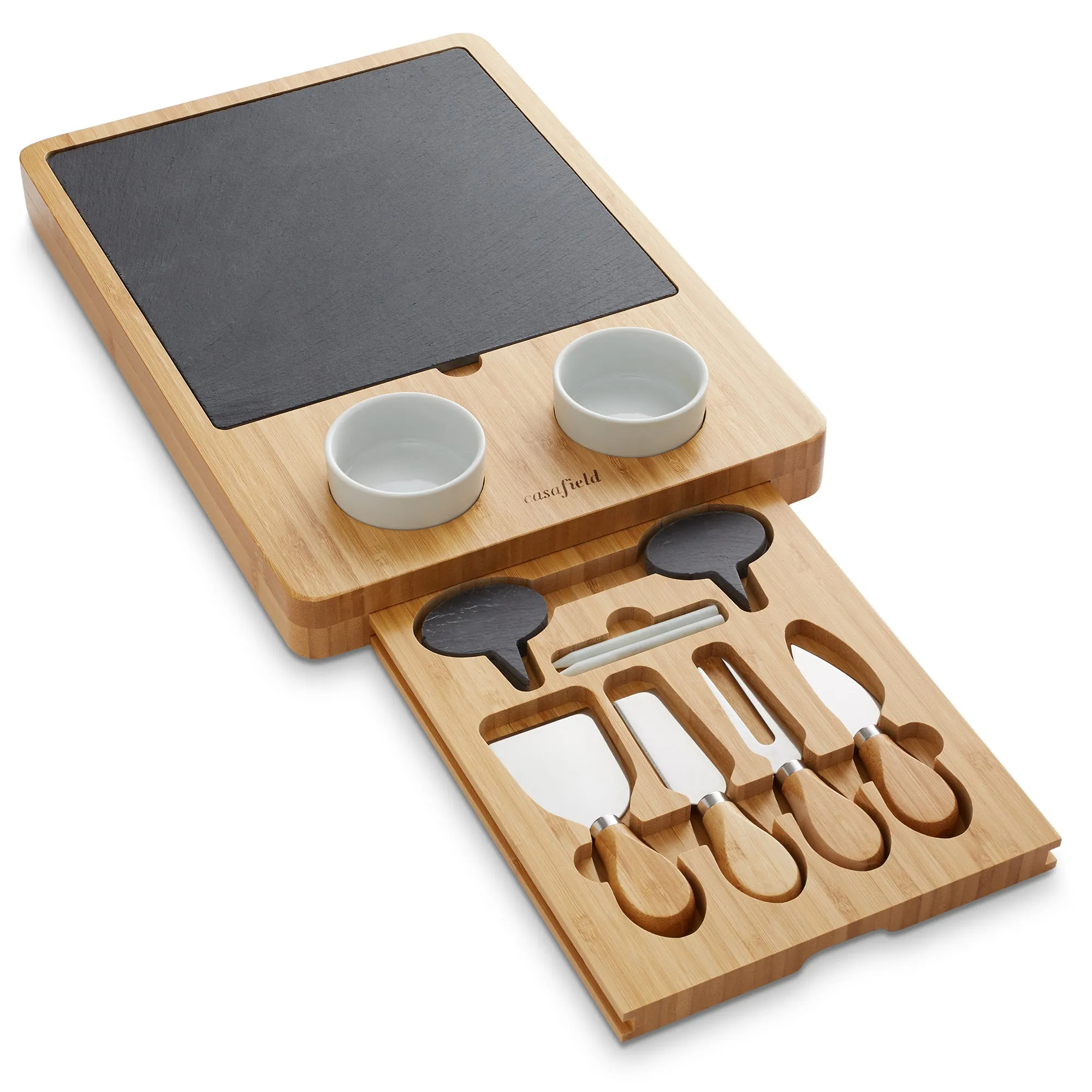 Bamboo Cheese Board Gift Set with Slate Tray, 4 Knives, 2 Dip Bowls