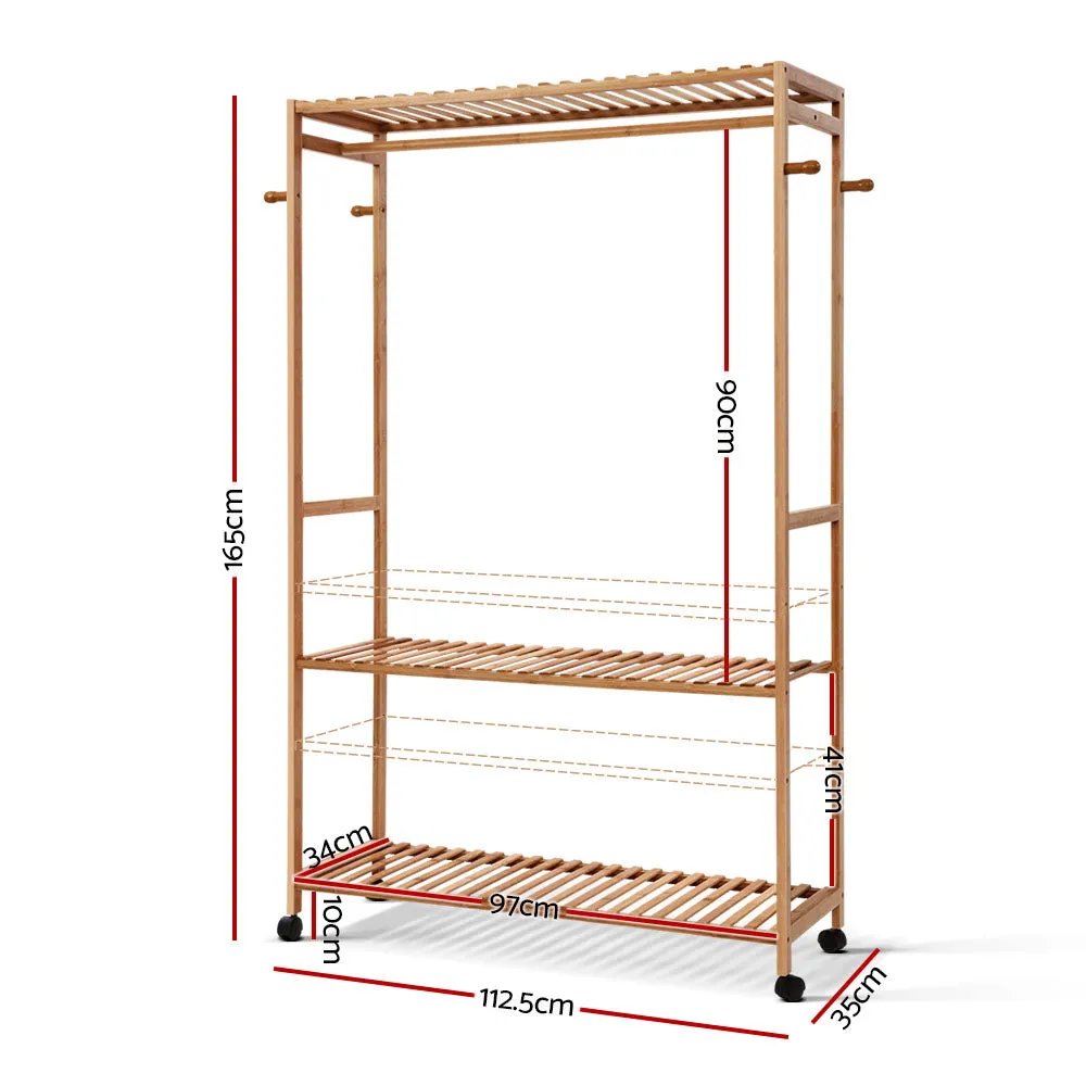 Bamboo Clothes Rack w/ Shelves, Hooks & Wheels - Artiss