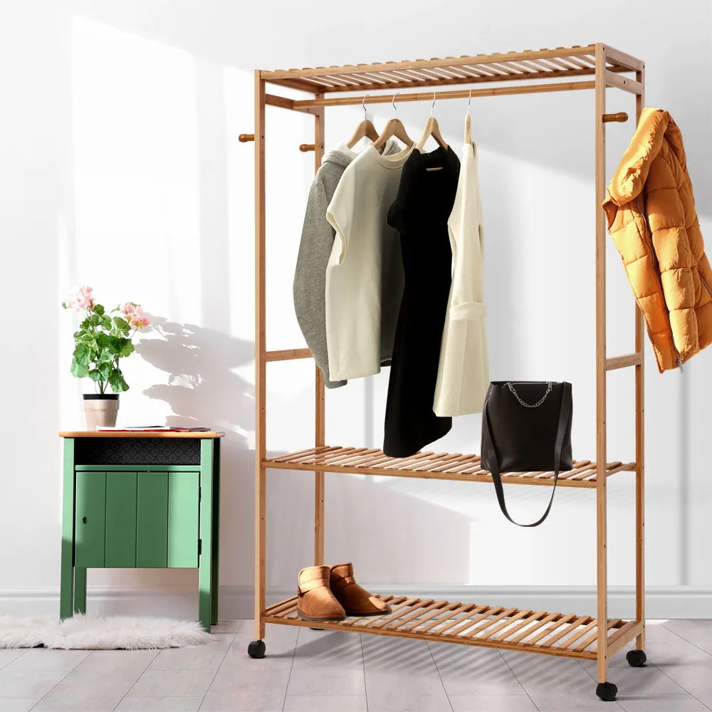 Bamboo Clothes Rack w/ Shelves, Hooks & Wheels - Artiss