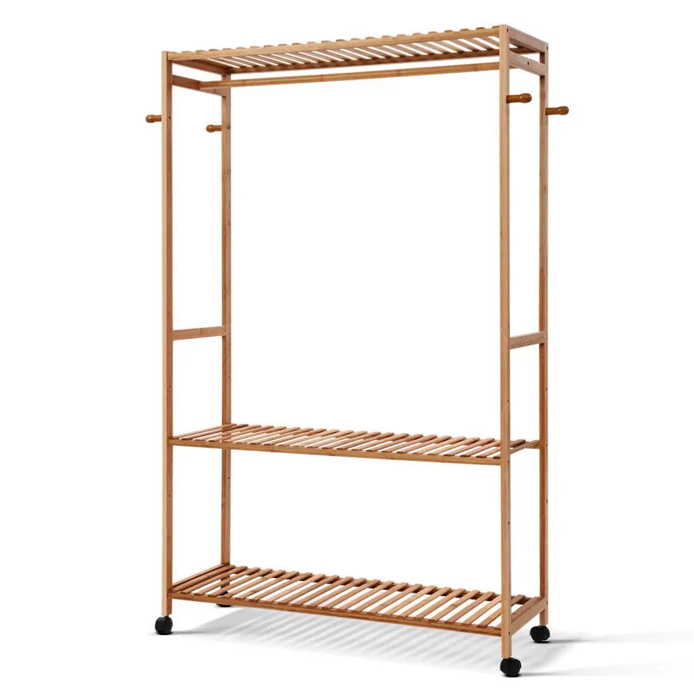 Bamboo Clothes Rack w/ Shelves, Hooks & Wheels - Artiss