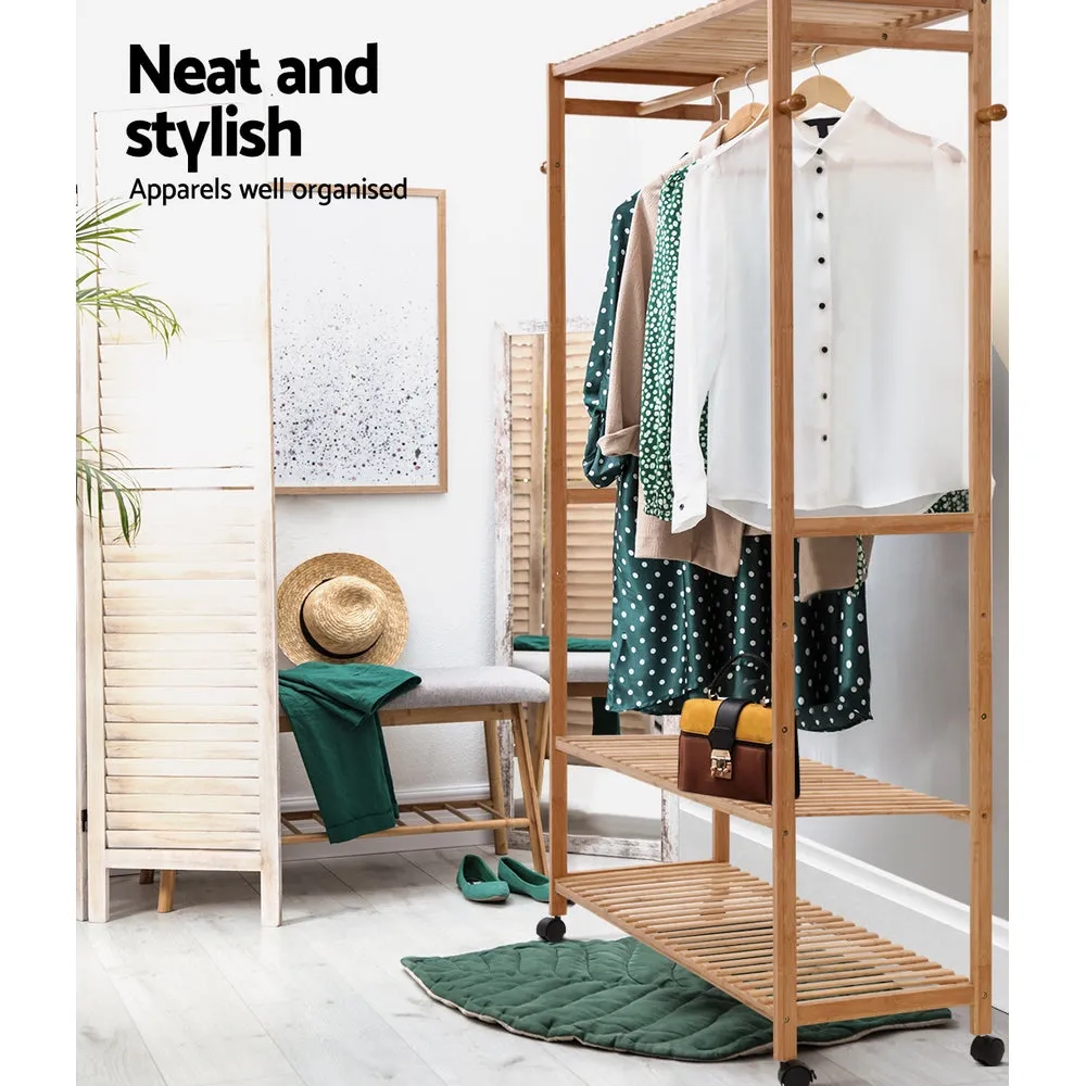 Bamboo Clothes Rack w/ Shelves, Hooks & Wheels - Artiss