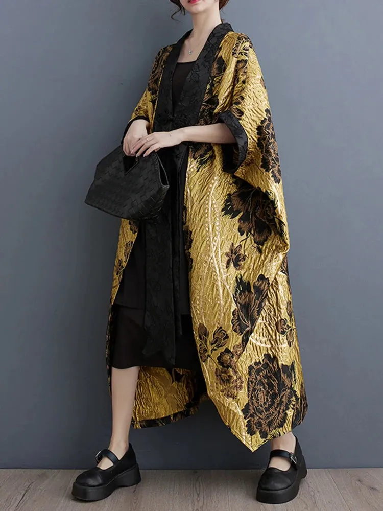 Bat Wing Sleeve Female Trench Flowers New Chinese Style Women Yellow Patchwork Vintage Loose  Winter Coat