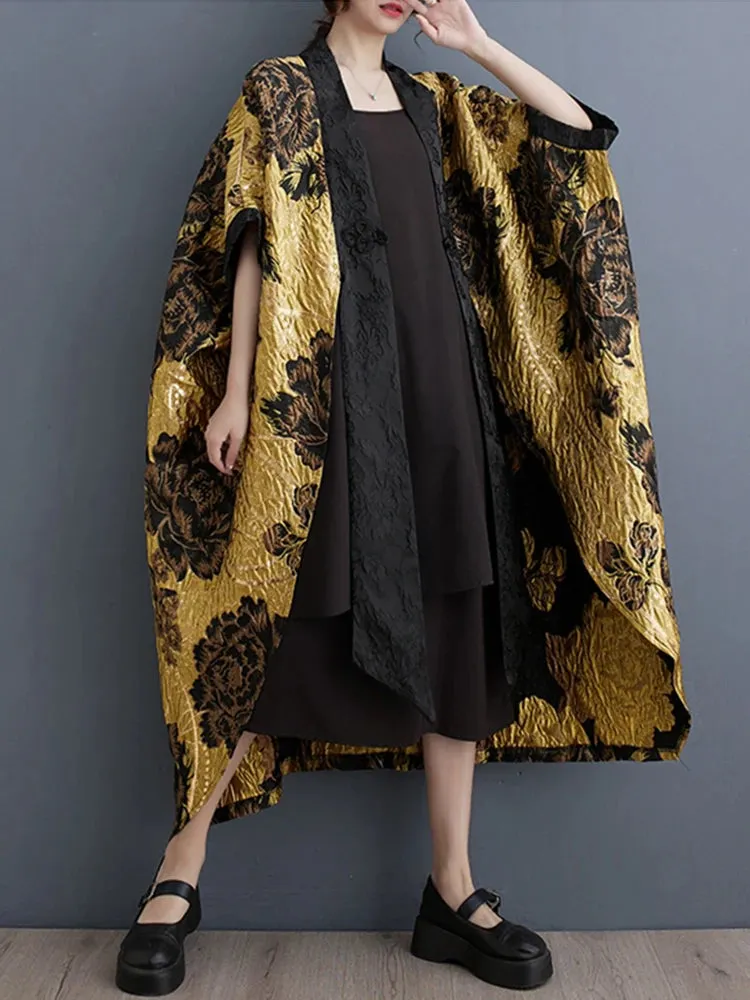 Bat Wing Sleeve Female Trench Flowers New Chinese Style Women Yellow Patchwork Vintage Loose  Winter Coat