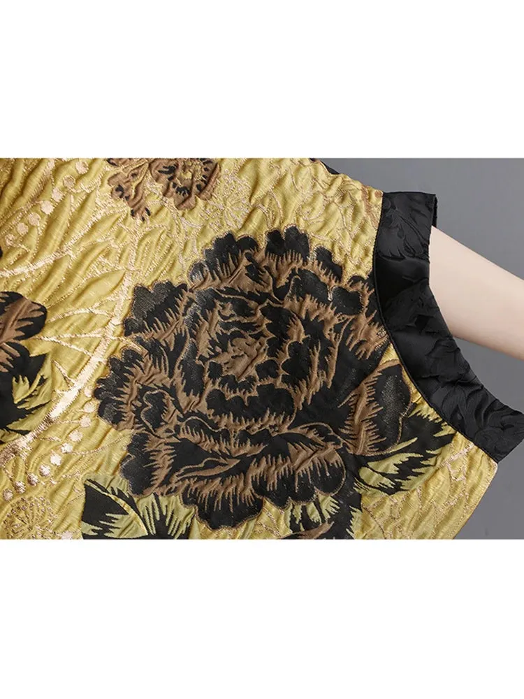 Bat Wing Sleeve Female Trench Flowers New Chinese Style Women Yellow Patchwork Vintage Loose  Winter Coat