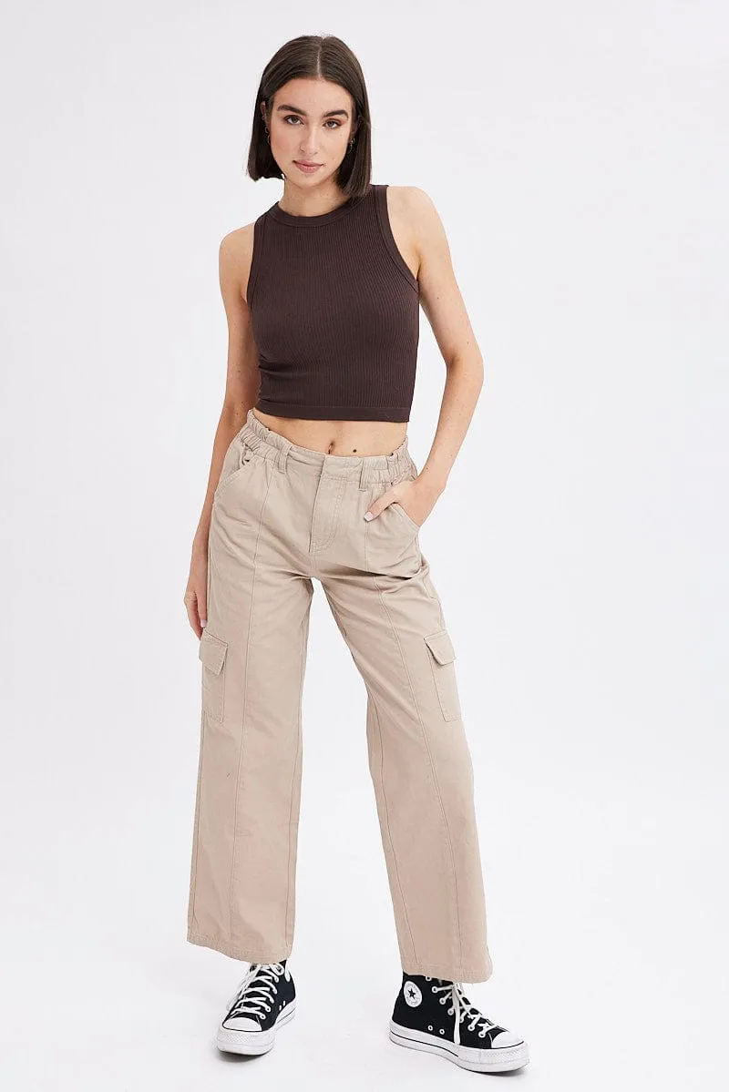 Beige Cargo Pants Mid Rise