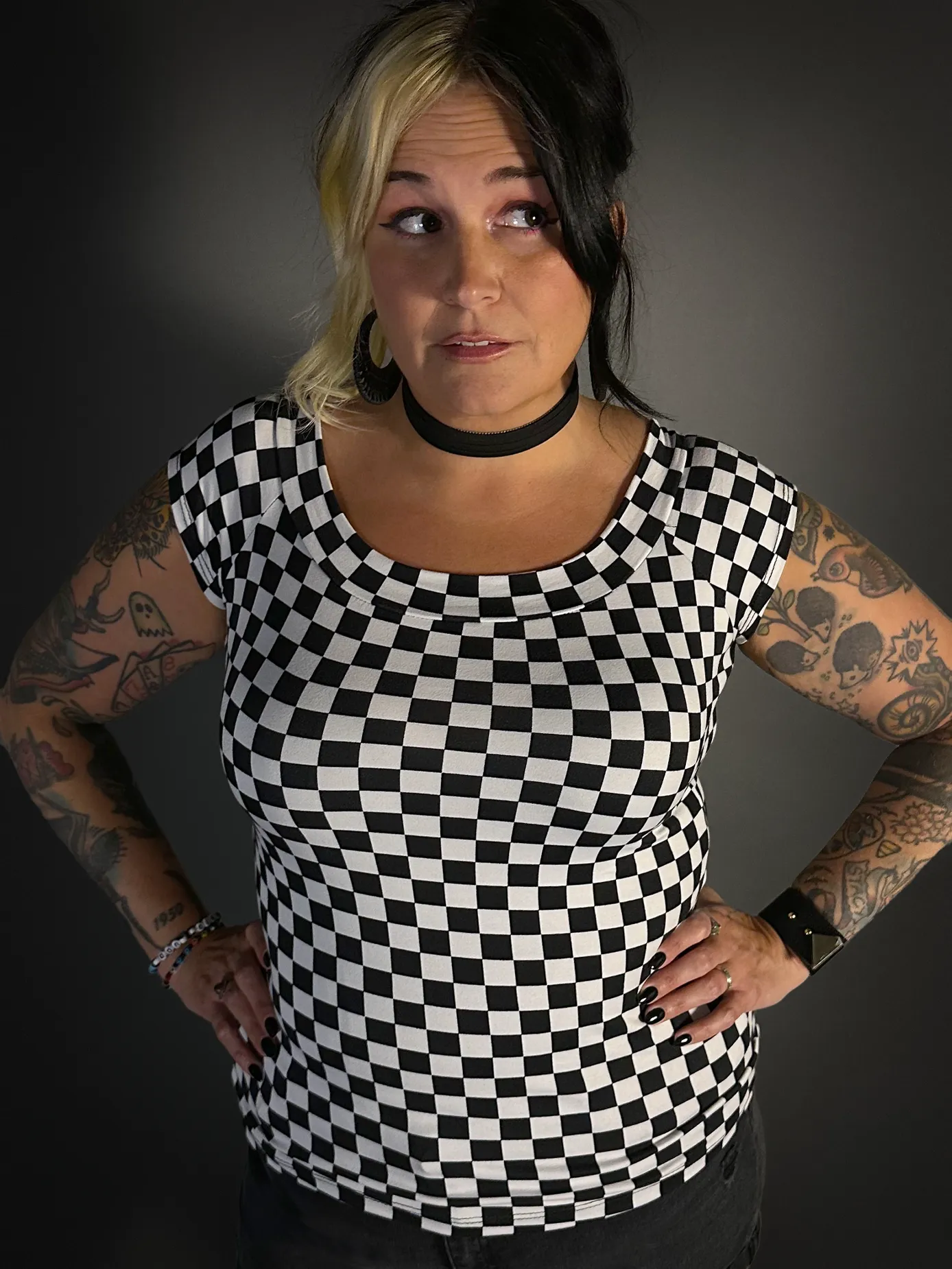 Black & White Checkered Boat Neck Stretch Top by Retrolicious