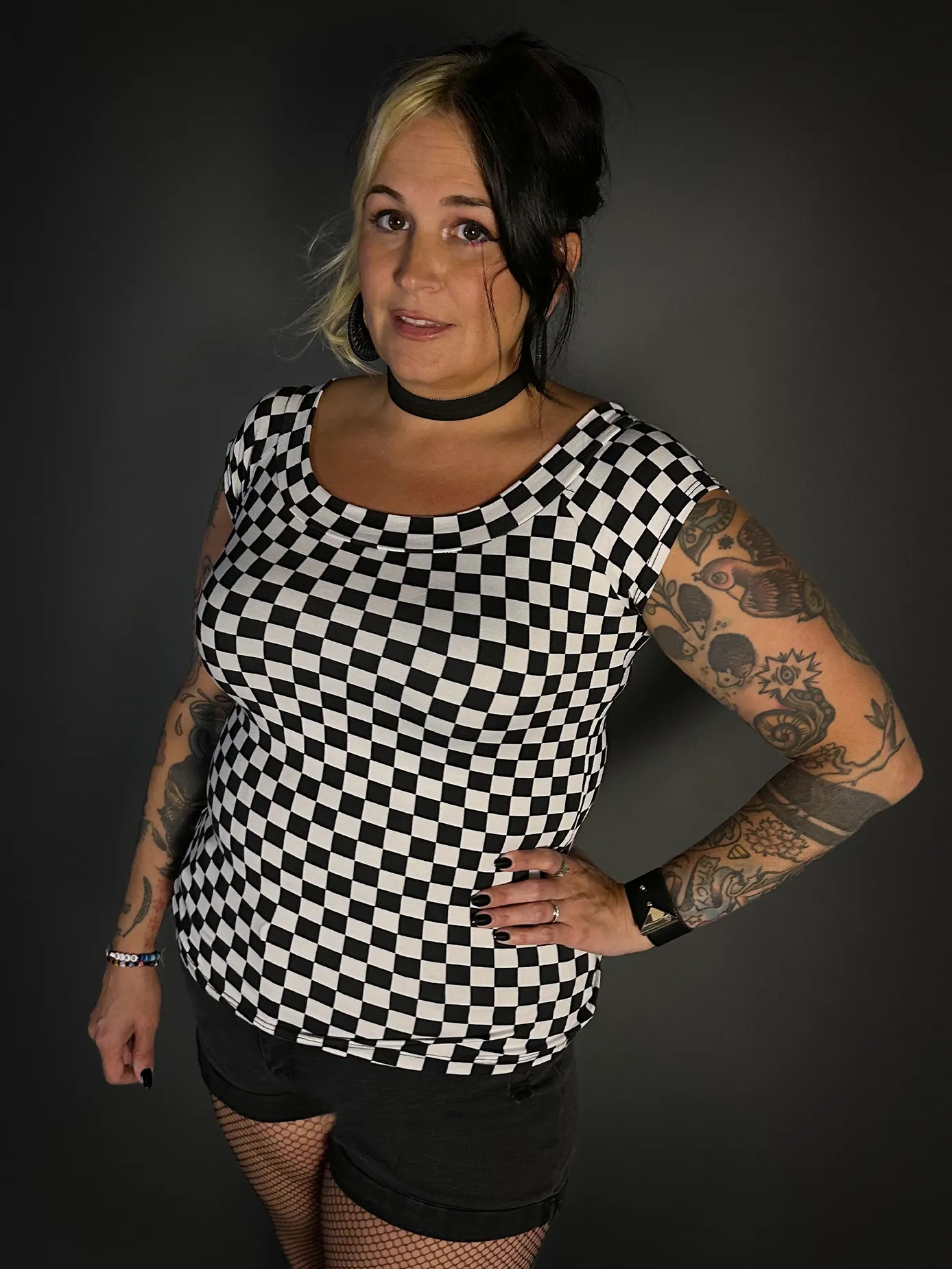 Black & White Checkered Boat Neck Stretch Top by Retrolicious