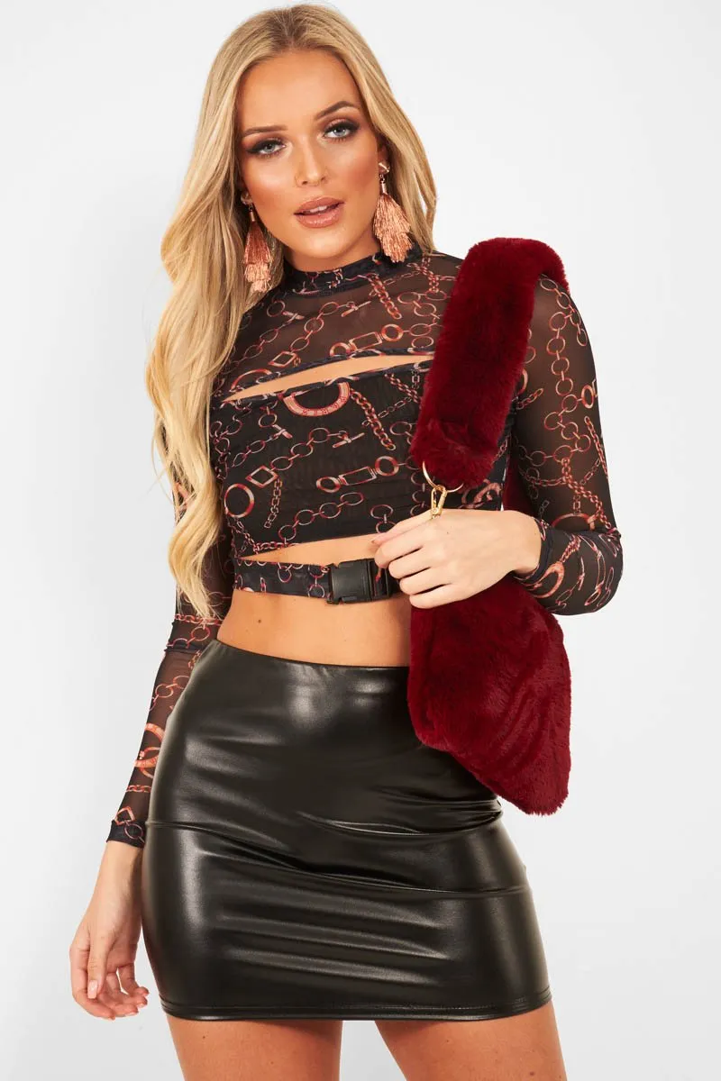 Black Chain Print Cut Out Mesh Buckle Crop Top - Tionne