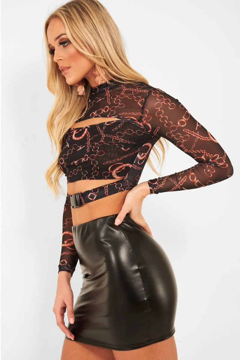 Black Chain Print Cut Out Mesh Buckle Crop Top - Tionne