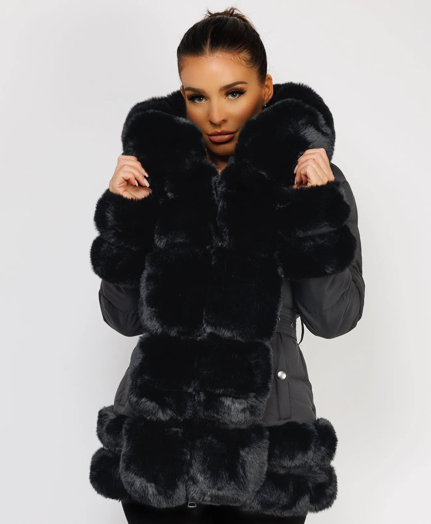 Black Puffer Padded Jacket With Faux Fur Hood Cuff And Trim