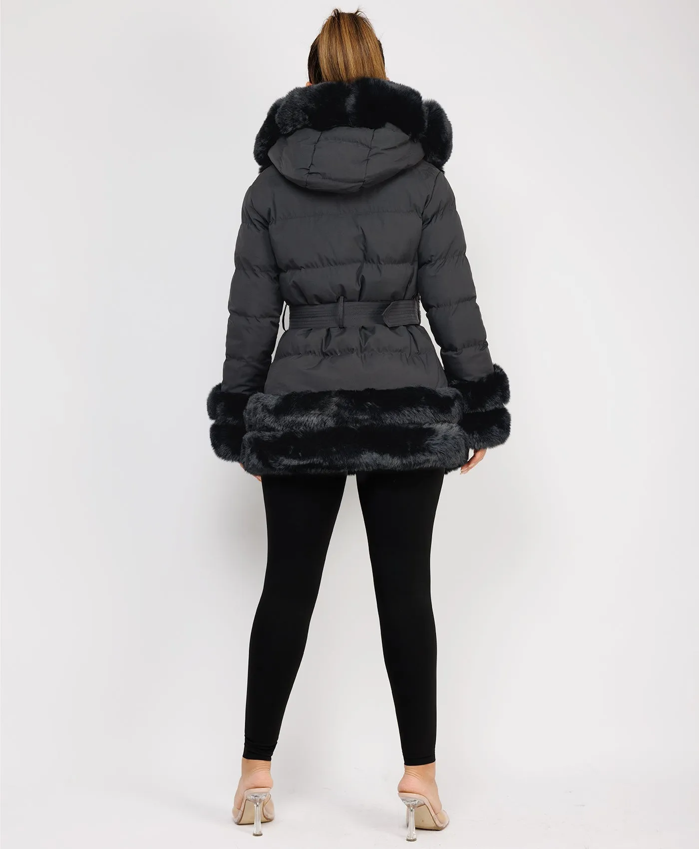 Black Puffer Padded Jacket With Faux Fur Hood Cuff And Trim