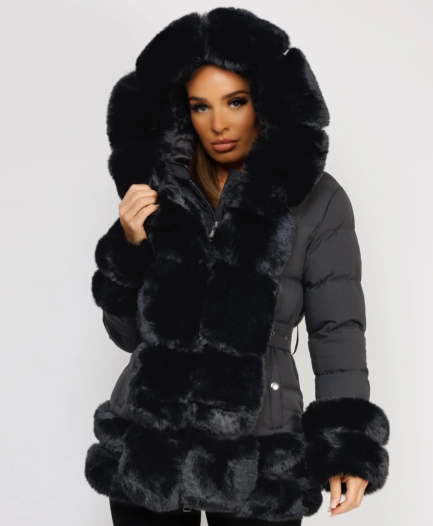 Black Puffer Padded Jacket With Faux Fur Hood Cuff And Trim