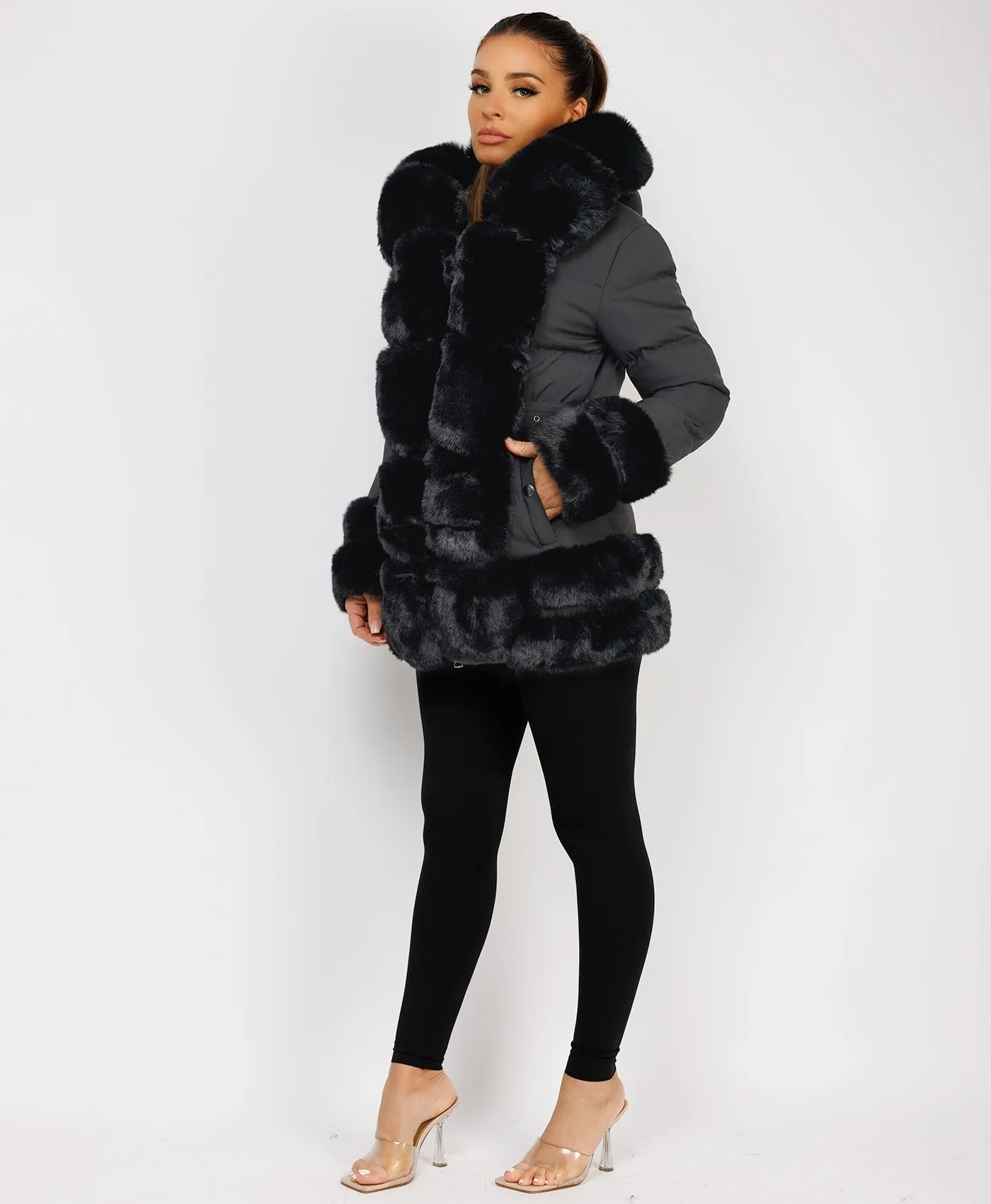 Black Puffer Padded Jacket With Faux Fur Hood Cuff And Trim