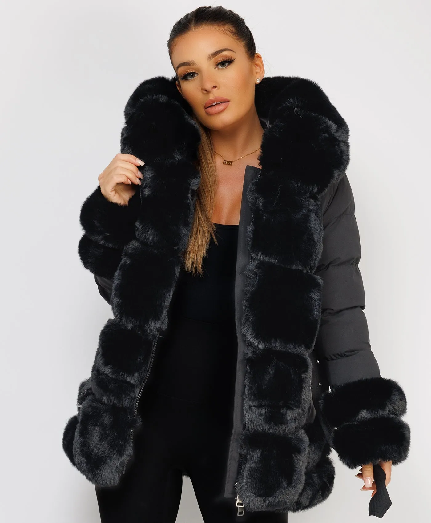 Black Puffer Padded Jacket With Faux Fur Hood Cuff And Trim